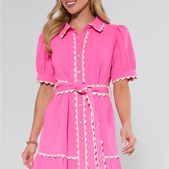 Avara Pink Scallop-Trim Tie-Waist Mini Dress -NWT - Picture 2 of 6